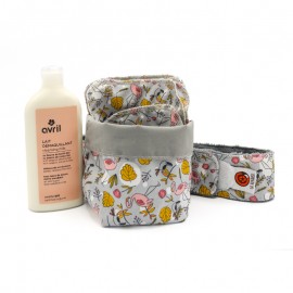 Pack panier en tissu + lingettes démaquillantes + bandeau de soin + lait démaquillant
