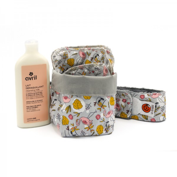 Pack panier en tissu + lingettes démaquillantes + bandeau de soin + lait démaquillant